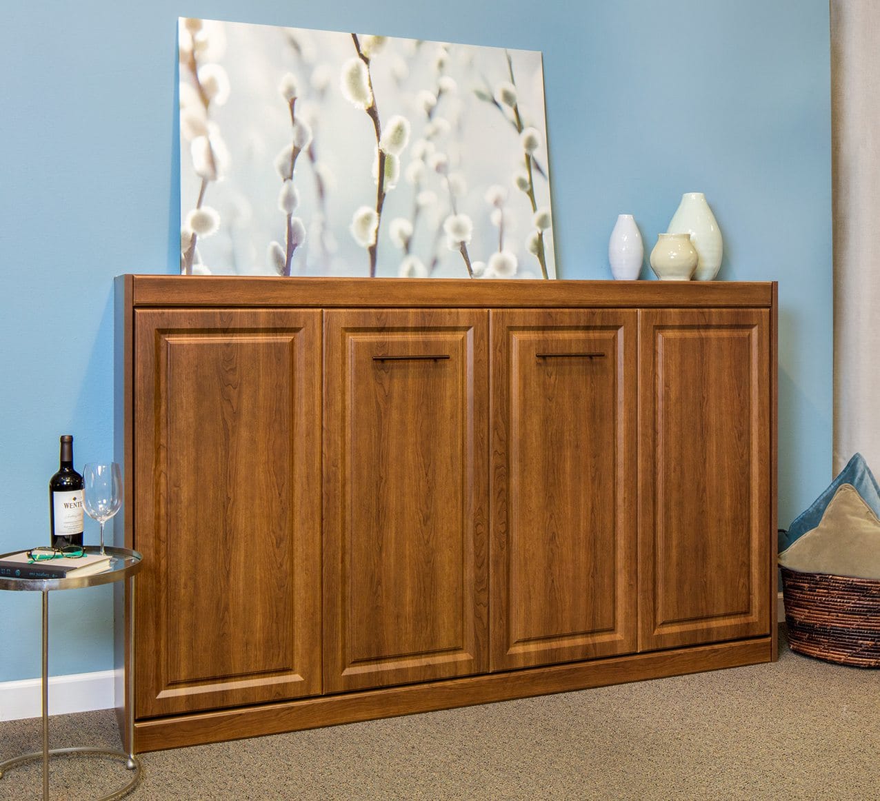Worried about having a Murphy bed with a low ceiling? More Space Place offers the Cosmopolitan horizontal panel bed for low-ceiling rooms.