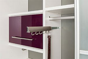 Sliding belt rack in a closet organizer.