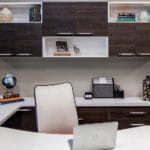 custom home office with a globe to the left and a vase to the right