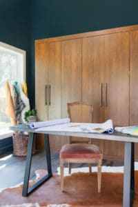 Hybrid home office showcasing beautiful cabinets that conceal a murphy bed.