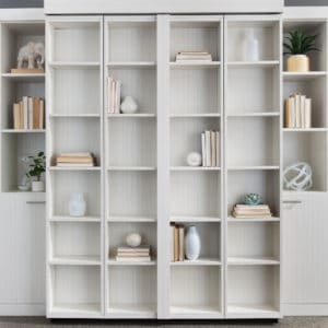 Tall narrow white cube custom built in bookshelves are a great space saving feature in a guestroom.