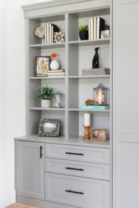 Gray double bookshelves with storage below. Shelves are styled with book, plants, figurines, candles and framed photos.