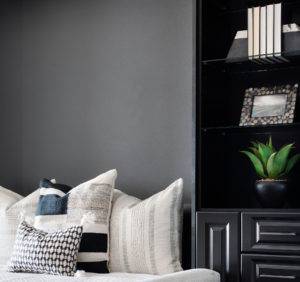 Black wood bookshelf beside white linen couch. Shelf is decorated with vertical books with pyramid bookends, framed photo and potted plant.