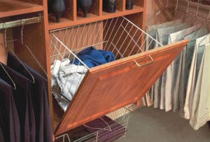 Wood paneled wire basket for storing and retrieving clothes from closet storage