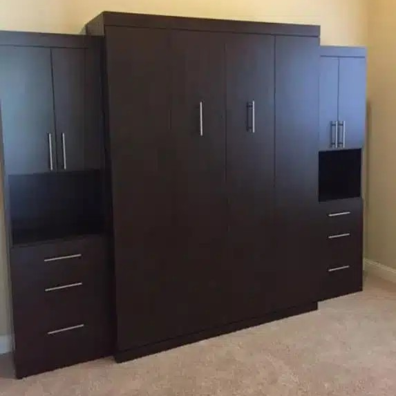 Queen Murphy bed in Chocolate with two side cabinets.
