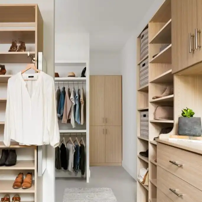 Walk-in closet in summer breeze with lots of shelving and valet rod.