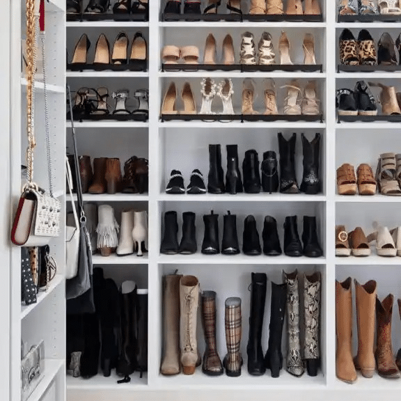 5-piece shaker closet in white chocolate with lots of shoe storage and hang.