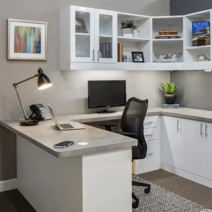 High gloss white home office with upper glass doors and open shelving.