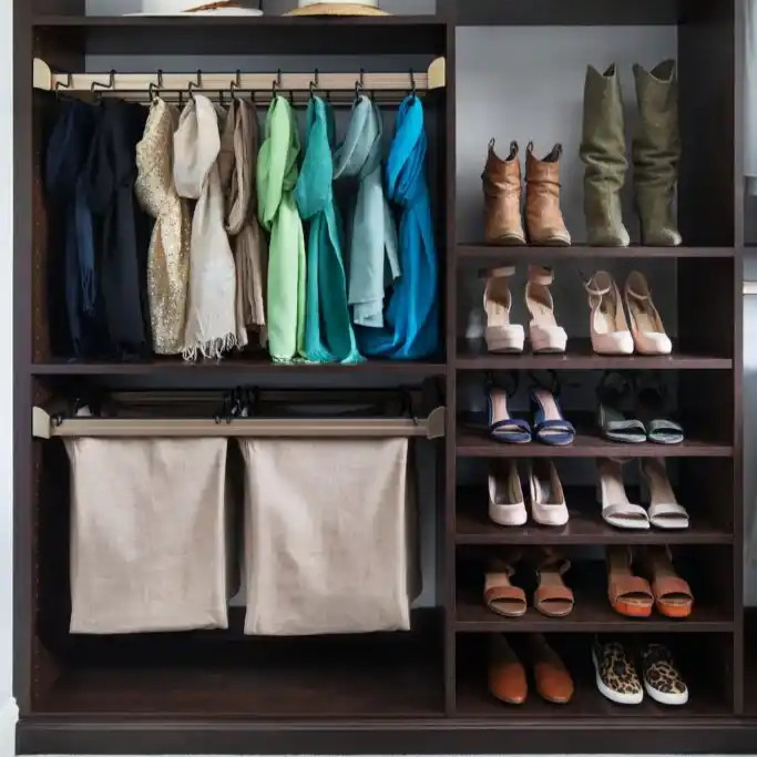 Chocolate traditional walk-in closet with ironing board, wardrobe rail, and island in the center.