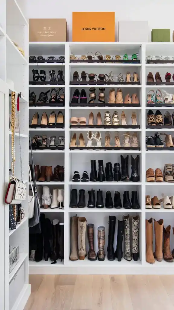 5-piece shaker closet in white chocolate with lots of shoe storage and hang.