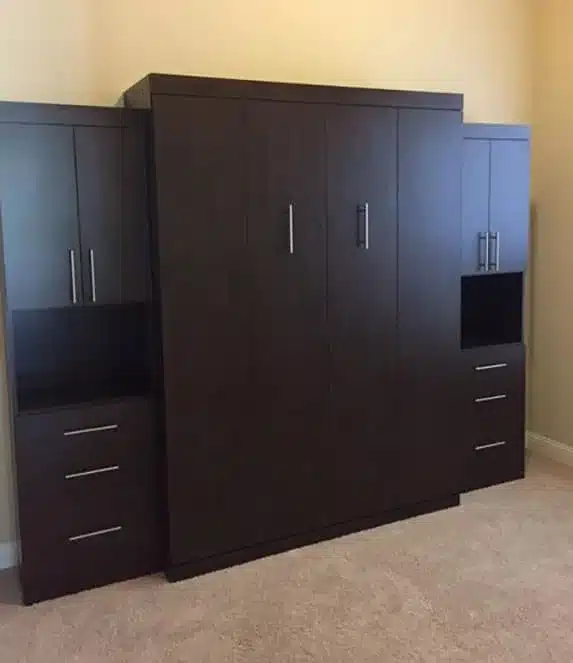 Queen Murphy bed in Chocolate with two side cabinets.