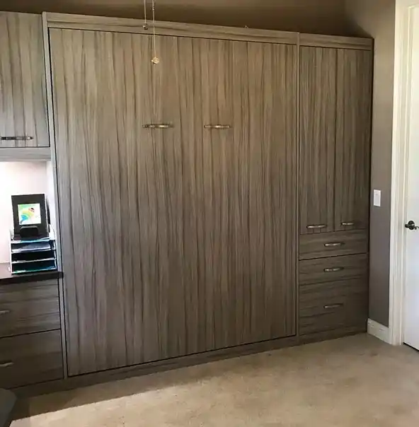 Combination office and Metropolitan panel bed in driftwood with additional storage on the side.